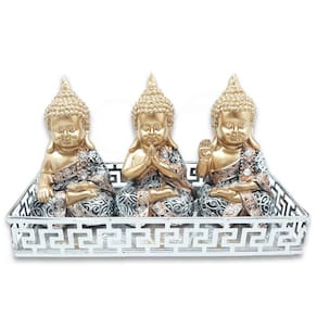 Kit Decoração Trio Budas Tibetanos na Bandeja Espelhada 10cm