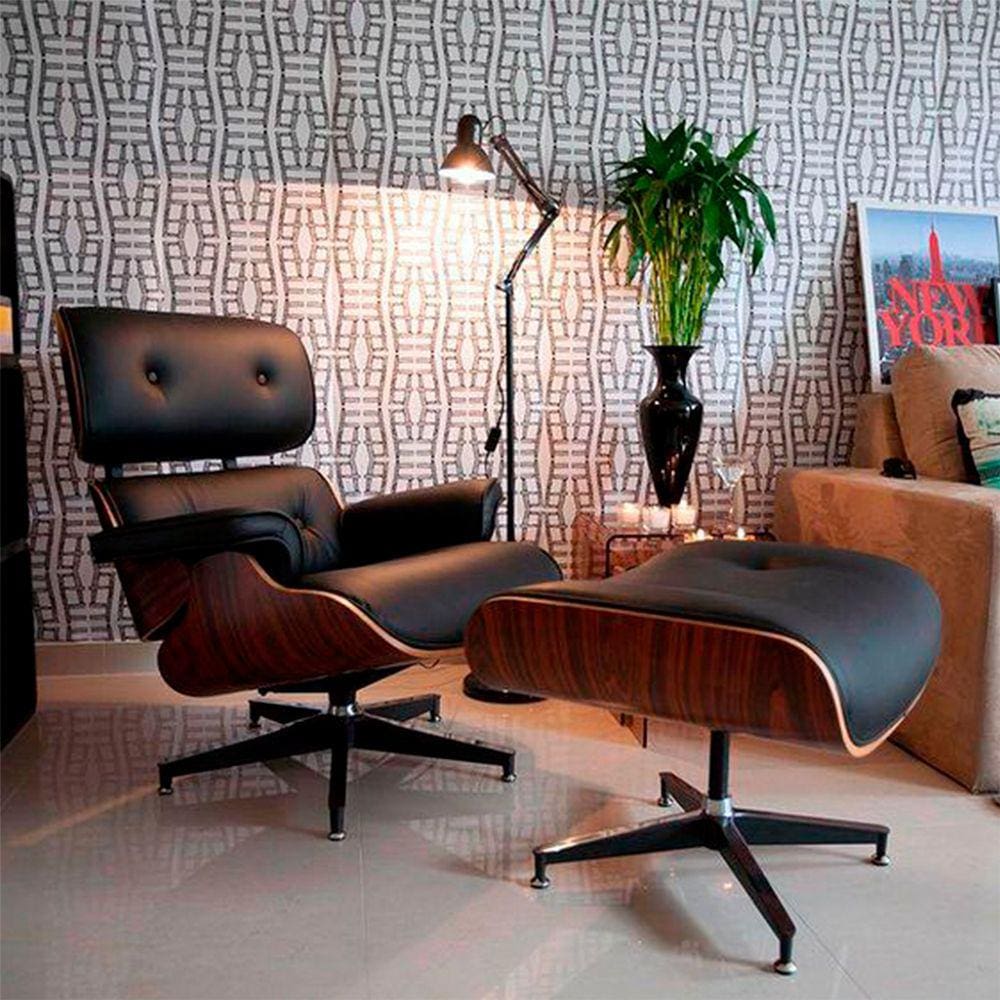 Poltrona Anatômica Charles Eames com Puff Couro Natural Preto