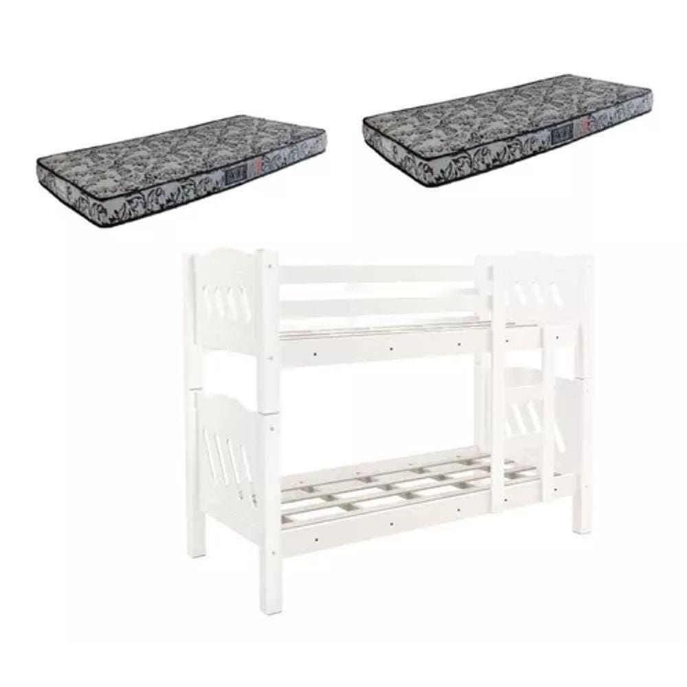 Beliche Perola Branco Versátil  Vira 2 Camas com Colchão Solteiro 188x88- Estrado 100% Madeira Fenix