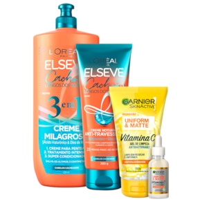 Kit Beleza na Web Elseve L`Oréal Paris Cachos Longos dos Sonhos & Garnier Uniform & Matte Vitamina C (4 Produtos)