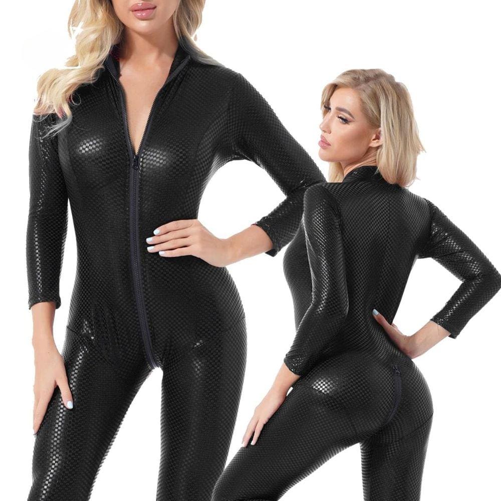 Macacão Catsuit Sexy Fantasia Racing Estampa Quadriculada Preto M233