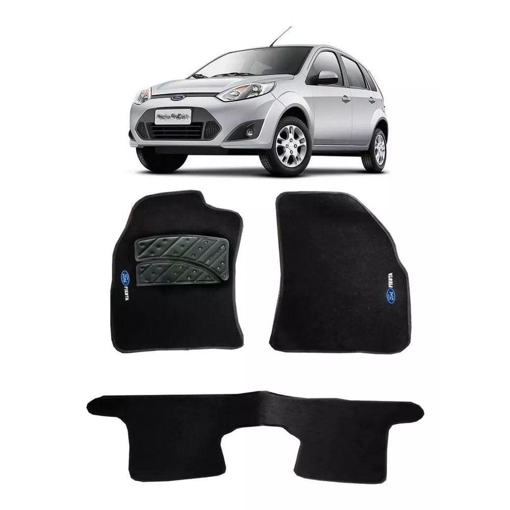 Jogo Tapete Carpete Ford Fiesta 2008 a 2014 com Logo Bordado Preto
