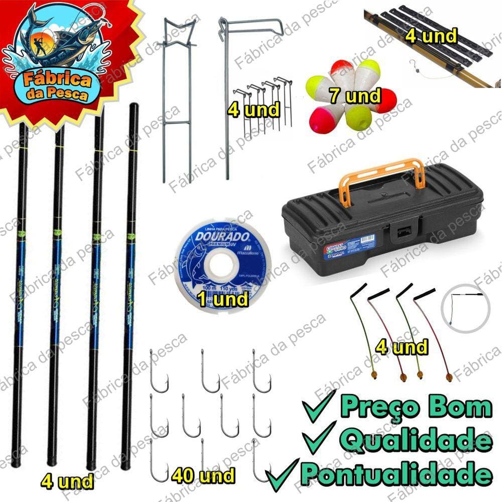 Kit Pesca 4 Varas Telescopica  Carbono+fibra 3 Metros + acessórios