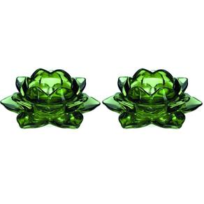 Jogo Porta Velas Castiçal Flor de Lotus Vidro Verde Luxo 2 Unidades - Tuut
