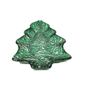 Travessa Centro de Mesa Petisqueira Natalina Vidro Pinheiro Verde e Prata 24cm - Yangzi