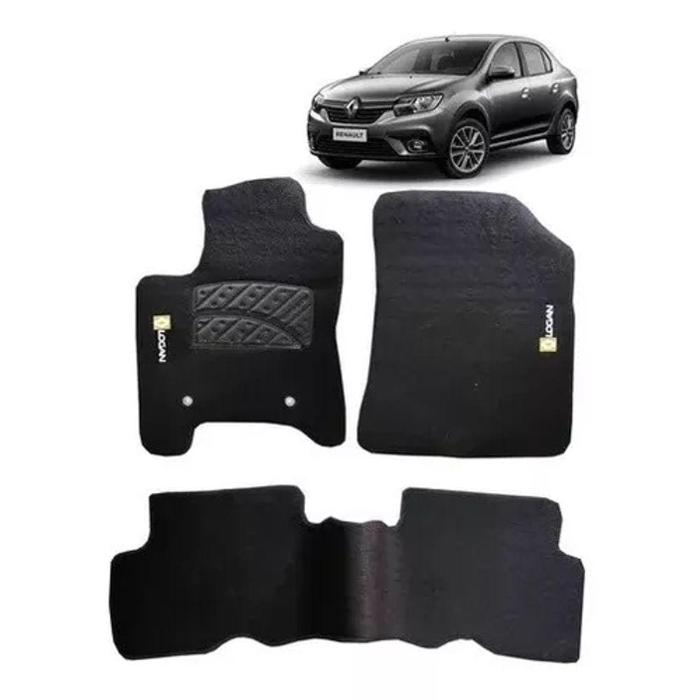Jogo Tapete Carpete Renault Logan 2007 a 2021 com Logo Bordado Preto