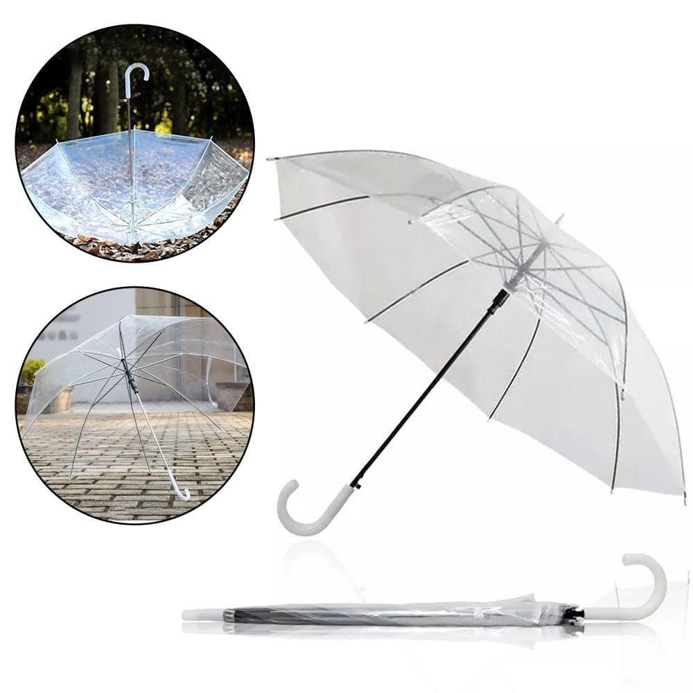 Guarda Chuva Transparente Cabo Curvado Grande 8 Varetas Automático