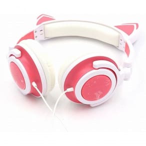 Fone De Ouvido Orelhas De Gato Com Led Branco E Rosa Bluetooth