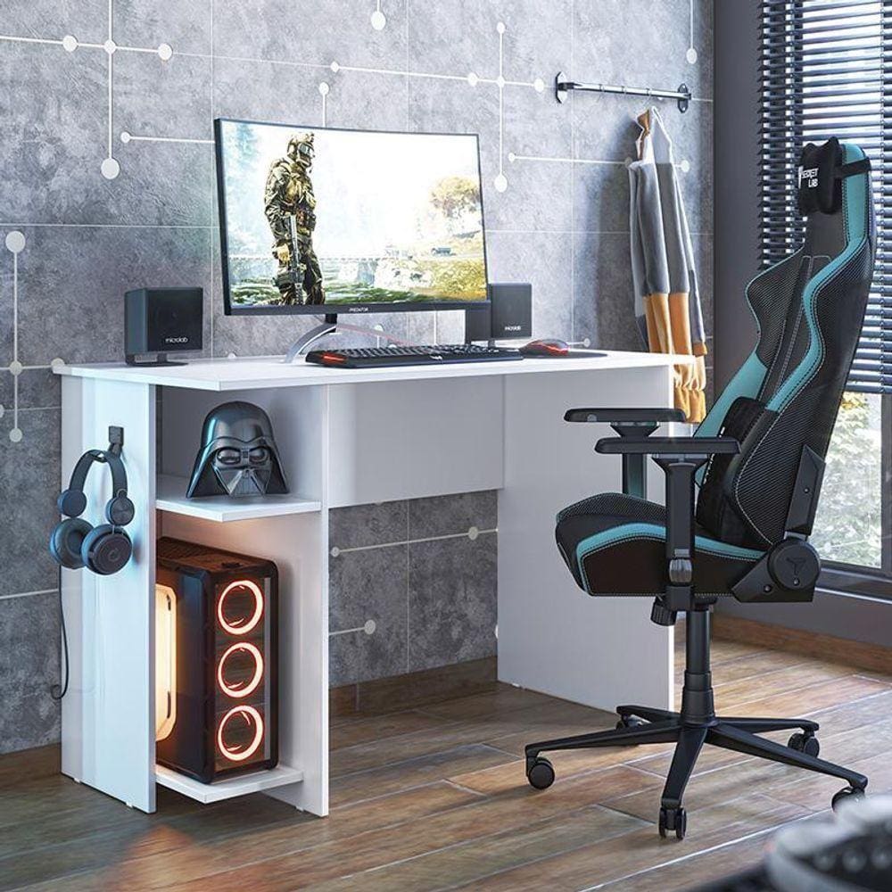 Mesa Computador Gamer 3875 Com Suporte Fone De Ouvido Branco Branco