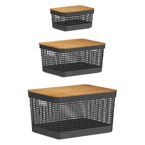 Kit De Cesto Organizador Grid Preto Com Tampa De Bambu 03 Peças