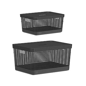 Kit De Cesto Organizador Grid Preto Com Tampa 02 Peças