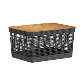 Cesto Organizador Grid Preto 20 L Com Tampa De Bambu 39 X 29 X 22,6 Cm