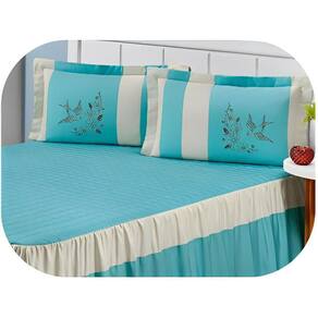 Kit Colcha Matelado Babado Amarilis Casal 5Pcs Bordado Azul