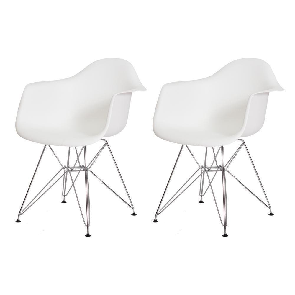 Kit 2 Cadeiras Eiffel Eames Com Braço Base Cromada Branca
