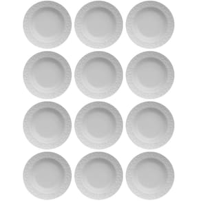 Jogo 12 Pratos Fundos Redondos 23,5cm em Porcelana com Relevo Tassel Germer Branco Restaurante Hotel