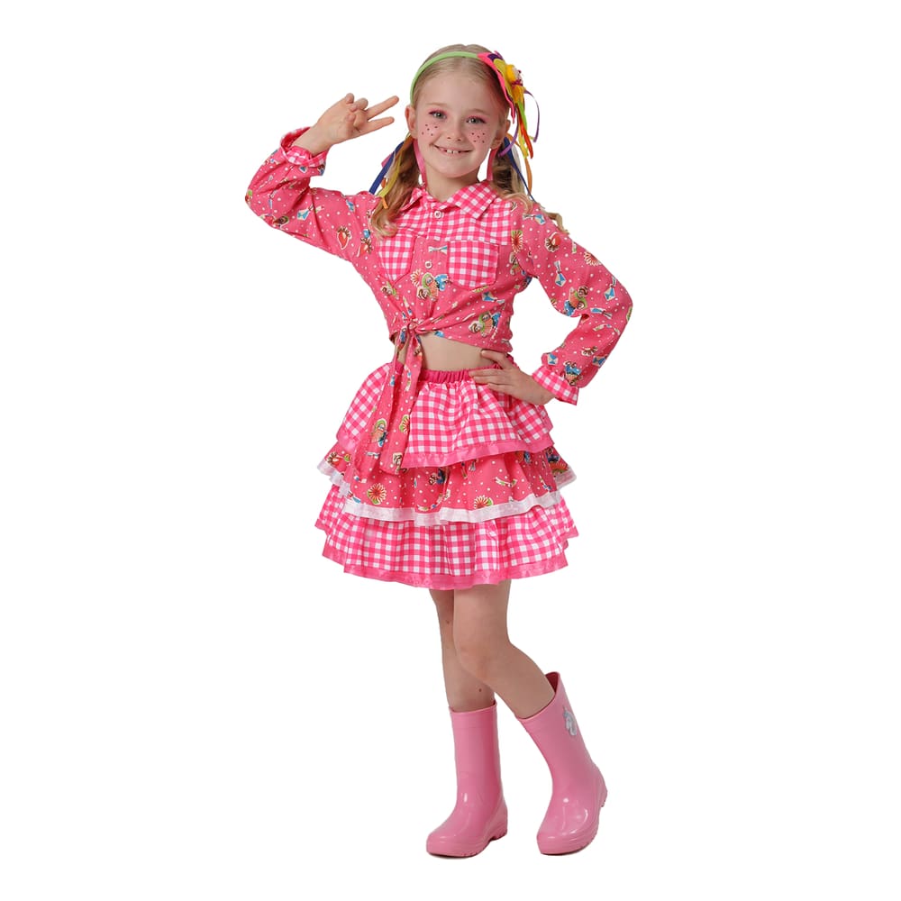 Vestido Junino Infantil Xadrez Rosa Camisa com amarração e Saia