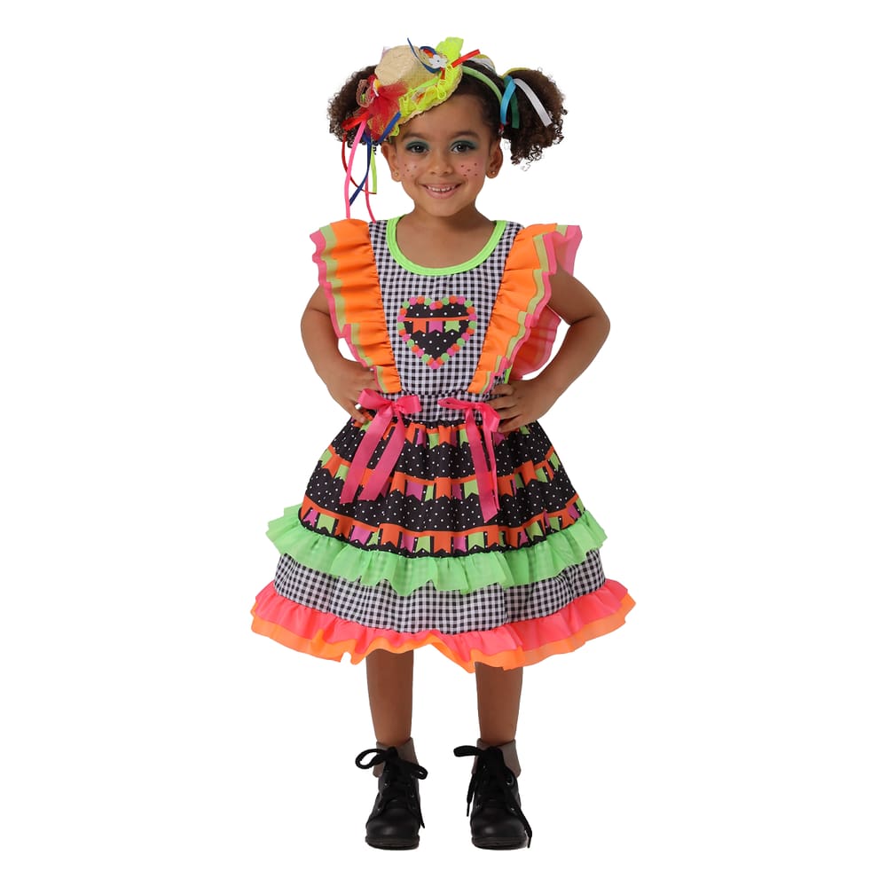 Vestido Junino Infantil Caipira Colorido estampado com babados