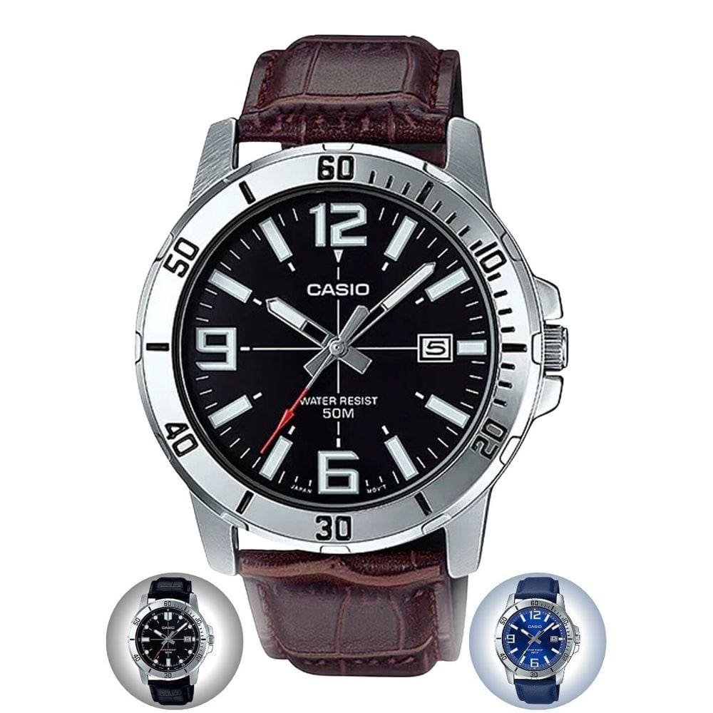 Relógio de Casio Masculino Analógico Pulseira de Couro Preto Azul Marrom MTP-VD01L
