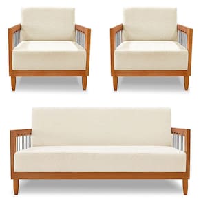 Kit 2 Poltronas e Sofá Living 2 Lugares Marilia 1,60m Linho Bege Base em Madeira Castanho - Pallazio