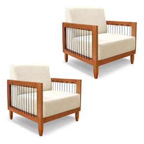 Kit 2 Poltronas Decorativa Marilia Linho Bege Base em Madeira Castanho - Pallazio