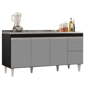 Balcão Gabinete Com Pia Inox 160cm Arkansas Preto/cinza - Lumil