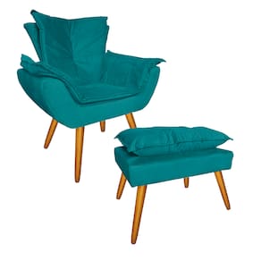 Jogo 1 Poltrona e 1 Puff Para Sala Comercial Apolo Suede Azul Turquesa - LM DECOR