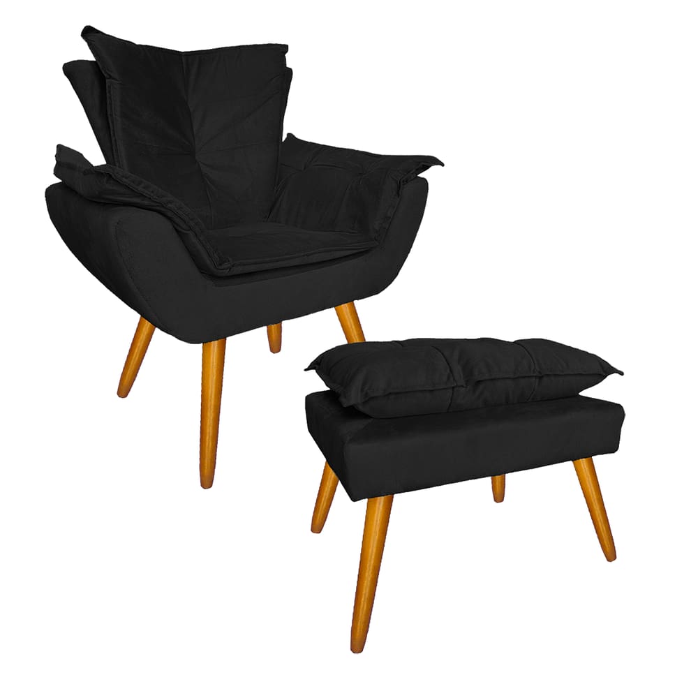 Conjunto Com 1 Poltrona e 1 Puff Para Salão de Beleza Apolo Suede Preto - LM DECOR