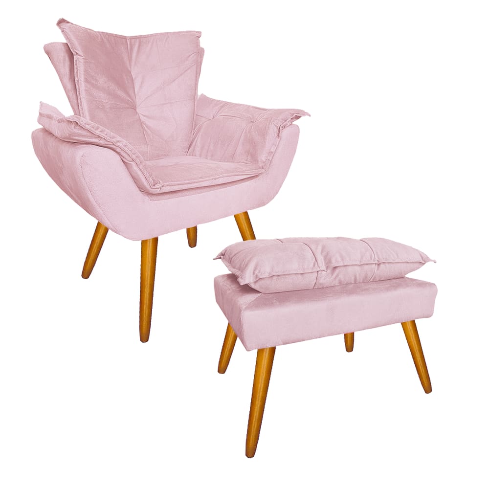 Conjunto Com 1 Poltrona e 1 Puff Para Salão de Beleza Apolo Suede Rosa Bebe - LM DECOR