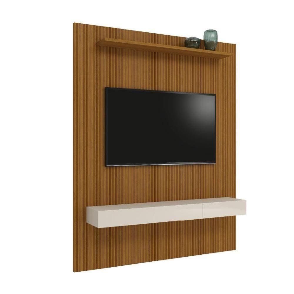 Painel Para Tv Até 75 Polegadas Ripado Impressão 3D Egeo Com Nicho 1,80M Cedo Off White Edn Cedro