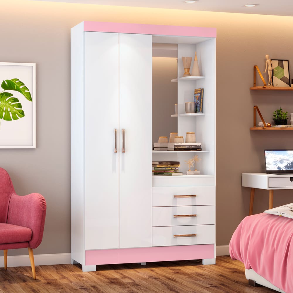 Guarda Roupas Solteiro Com 2 Portas 3 Gavetas Com Espelho B64 Flex Branco / Rosa Chá - Briz Móveis
