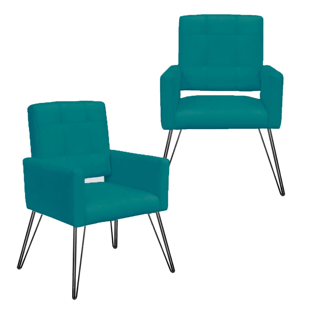 Combo 2 Poltronas Decorativas Para Escritório Pés de Ferro Camila Suede Azul Turquesa - LM DECOR
