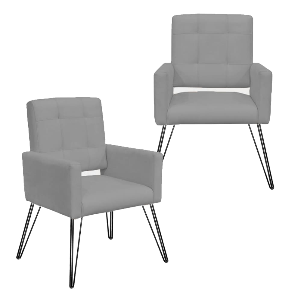 Combo 2 Poltronas Decorativas Para Escritório Pés de Ferro Camila Suede Cinza - LM DECOR