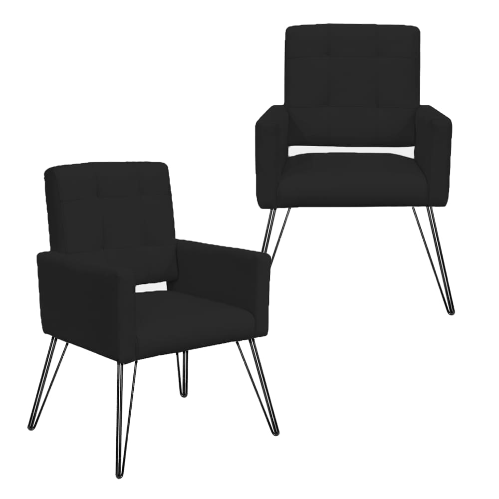 Kit 2 Poltronas Estofadas Para Sala Comercial Pés de Ferro Camila Corano Preto - LM DECOR