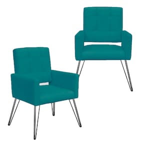 Conjunto 2 Poltronas Estofadas Para Consultório Pés de Ferro Camila Suede Azul Turquesa - LM DECOR