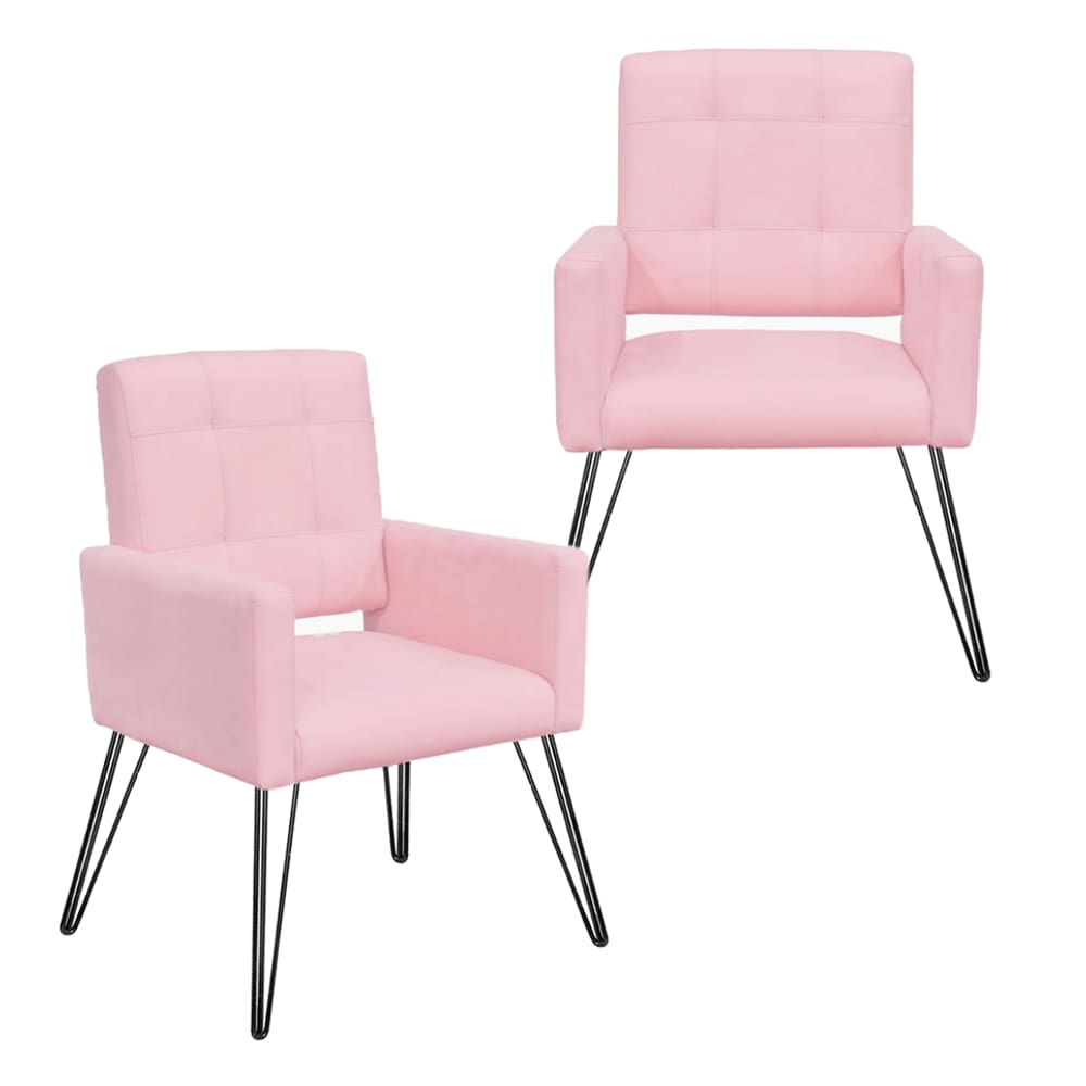 Combo 2 Poltronas Decorativas Para Escritório Pés de Ferro Camila Suede Rosa Bebe - LM DECOR