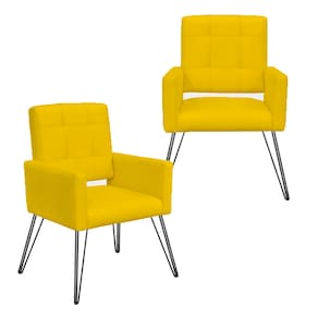 Conjunto 2 Poltronas Estofadas Para Consultório Pés de Ferro Camila Suede Amarelo - LM DECOR