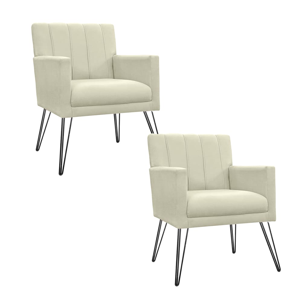 Kit 2 Poltronas Decorativas Sala de Espera Pés de Ferro Cecília Suede Bege - LM DECOR