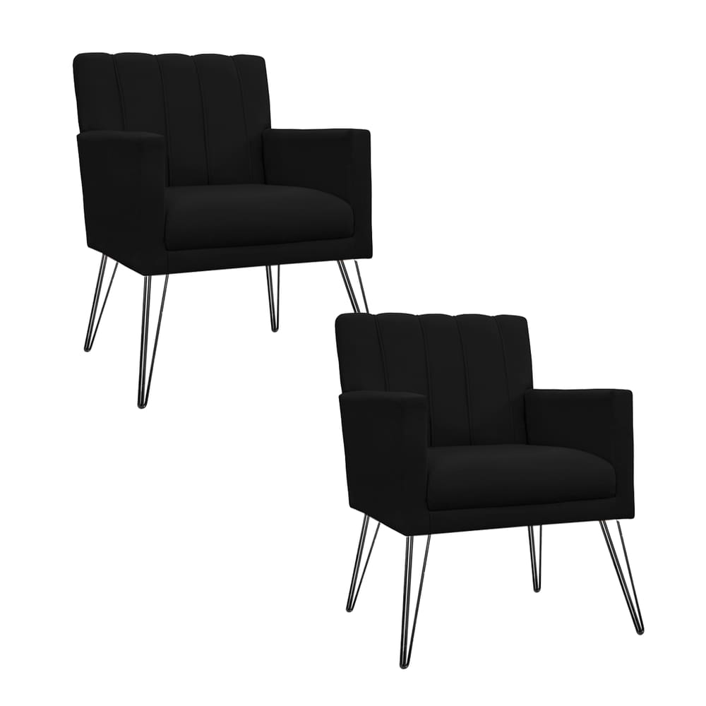 Conjunto 2 Poltronas Estofadas Para Recepção Pés de Ferro Cecília Corano Preto - LM DECOR