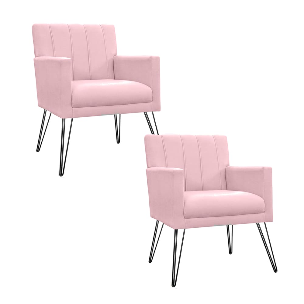 Conjunto 2 Poltronas Estofadas Para Recepção Pés de Ferro Cecília Suede Rosa Bebe - LM DECOR