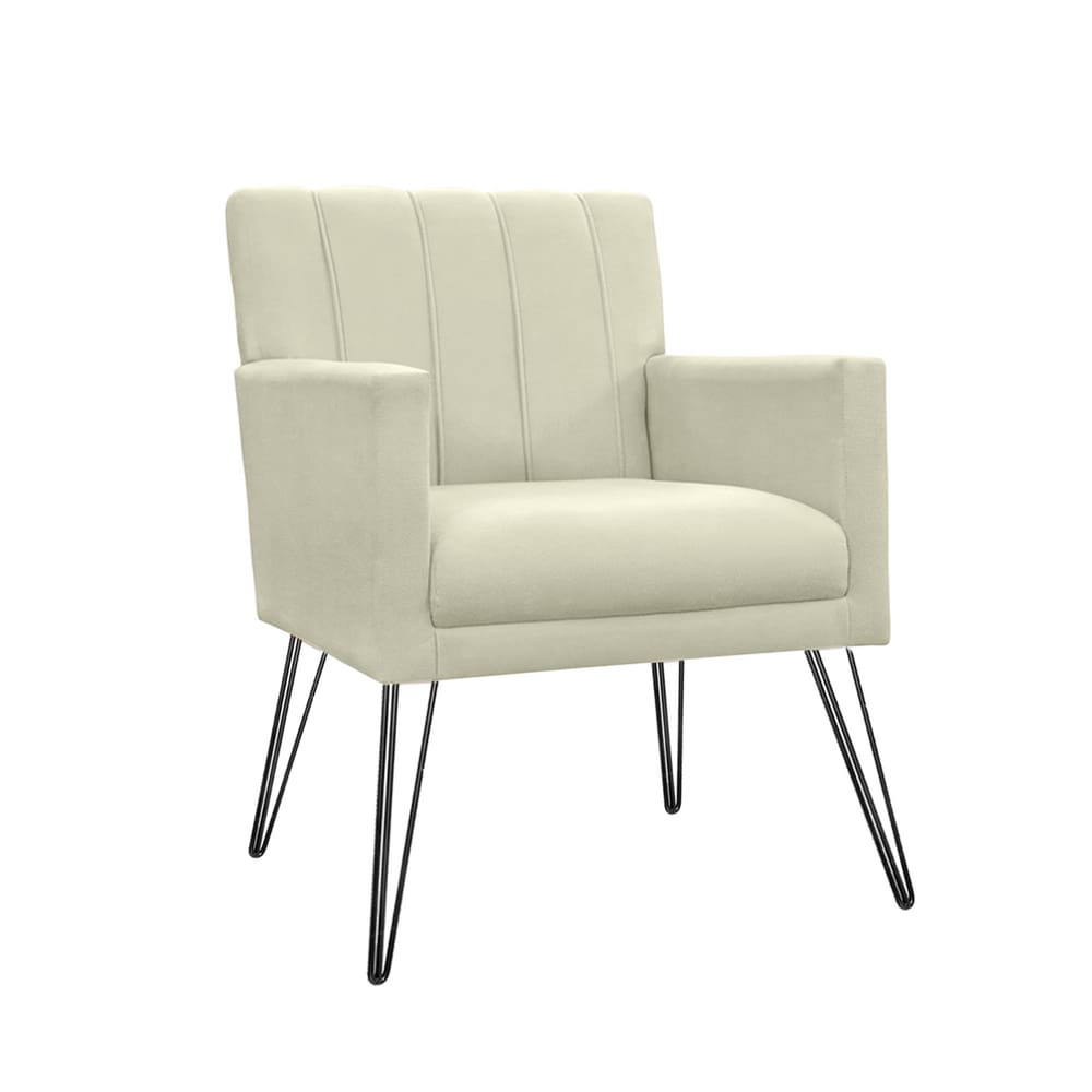Poltrona Estofada Para Quarto Closet com Pés de Ferro Cecília Suede Bege - LM DECOR
