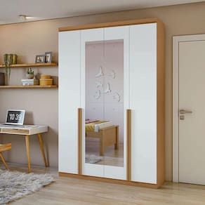 Guarda Roupa Solteiro Ambiente Alonzo 4 Portas Amêndoa Clean Branco com Espelho - Lopas