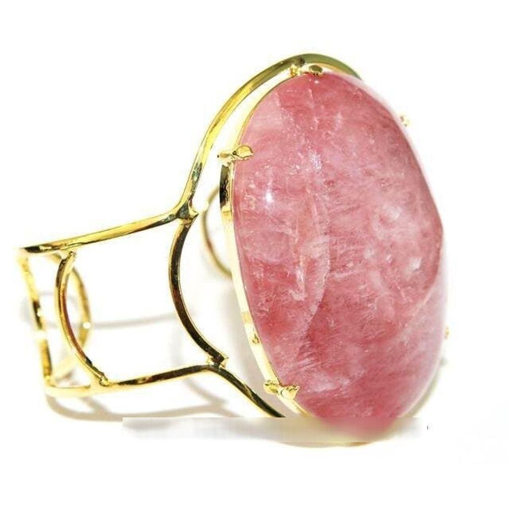 Bracelete Fixo Pedra Quartzo Morango Grande Dourado