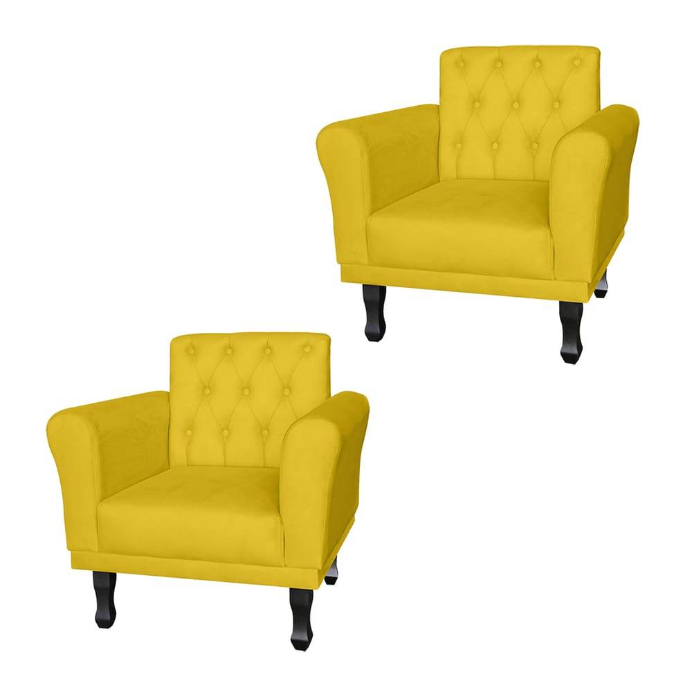 Combo 2 Poltronas Estofadas Para Hall de Entrada Classic Suede Amarelo - LM DECOR