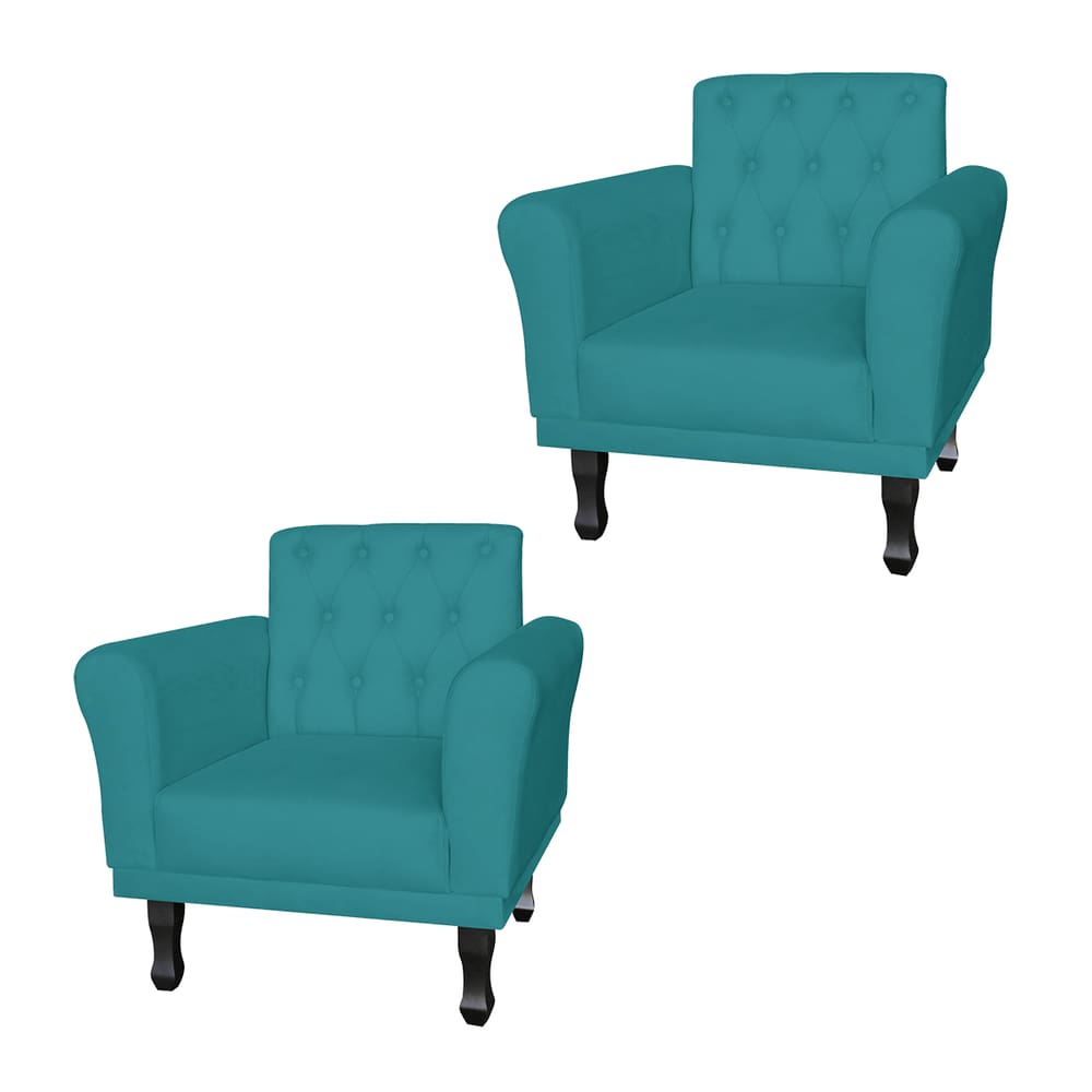 Jogo 2 Poltronas Decorativas Para Sala de Espera Classic Suede Azul Turquesa - LM DECOR