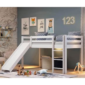 Cama Alta Kids com Escorregador em Madeira Maciça - Branca
