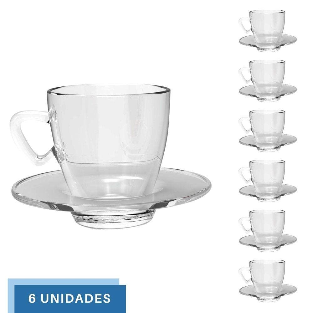 Jogo 6 Xícaras Café C/ Pires 220mL Transparente Mesa Posta