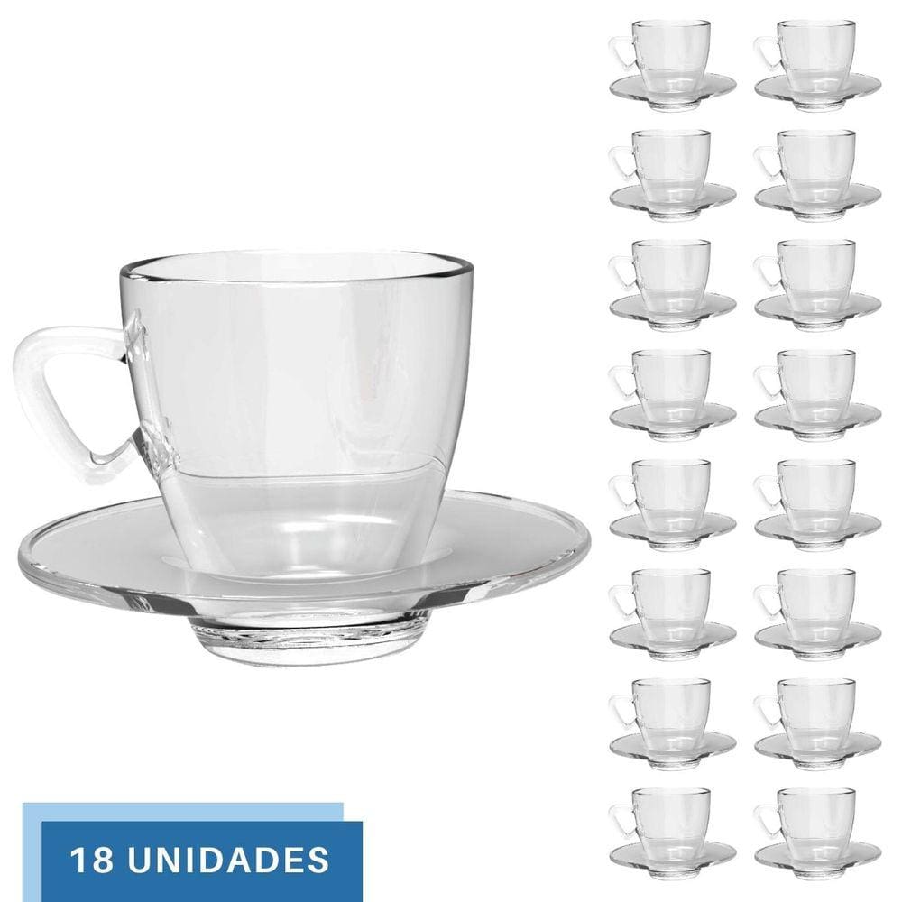 Jogo 18 Xícaras Café C/ Pires 220mL Transparente Mesa Posta