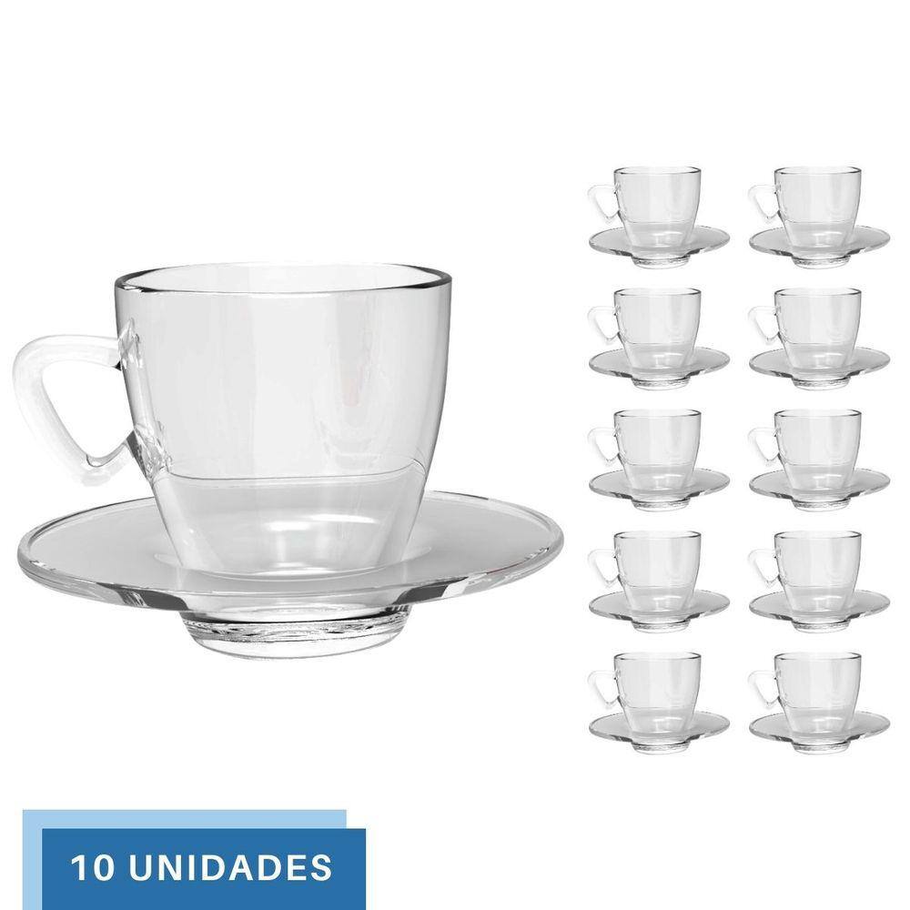 Jogo 10 Xícaras Café C/ Pires 220mL Transparente Mesa Posta