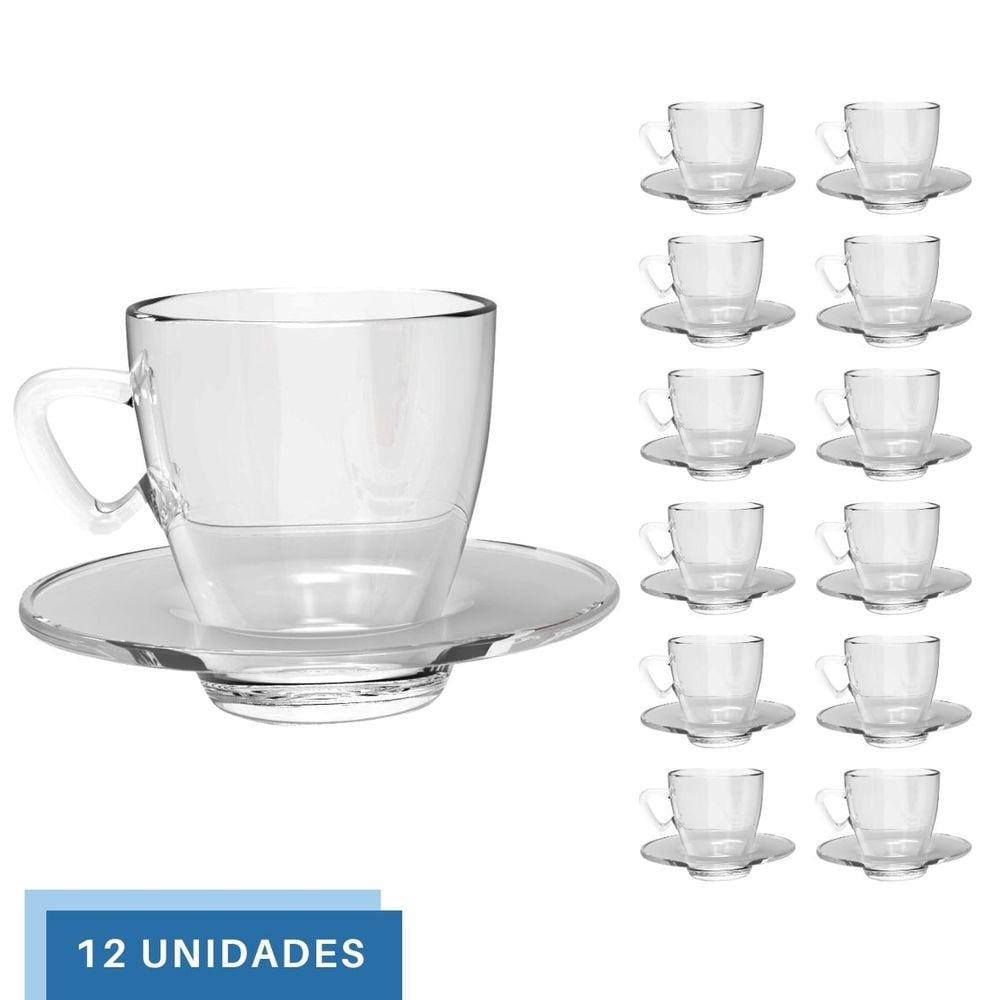 Jogo 12 Xícaras Café C/ Pires 220mL Transparente Mesa Posta