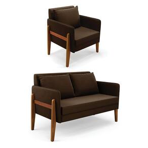 Kit 1 Sofá Namoradeira e 1 Poltrona Lana Suede Marrom Base de Madeira - D`Rossi